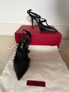 Valentino Black Leather Rockstud Pointed Toe Stiletto Heels